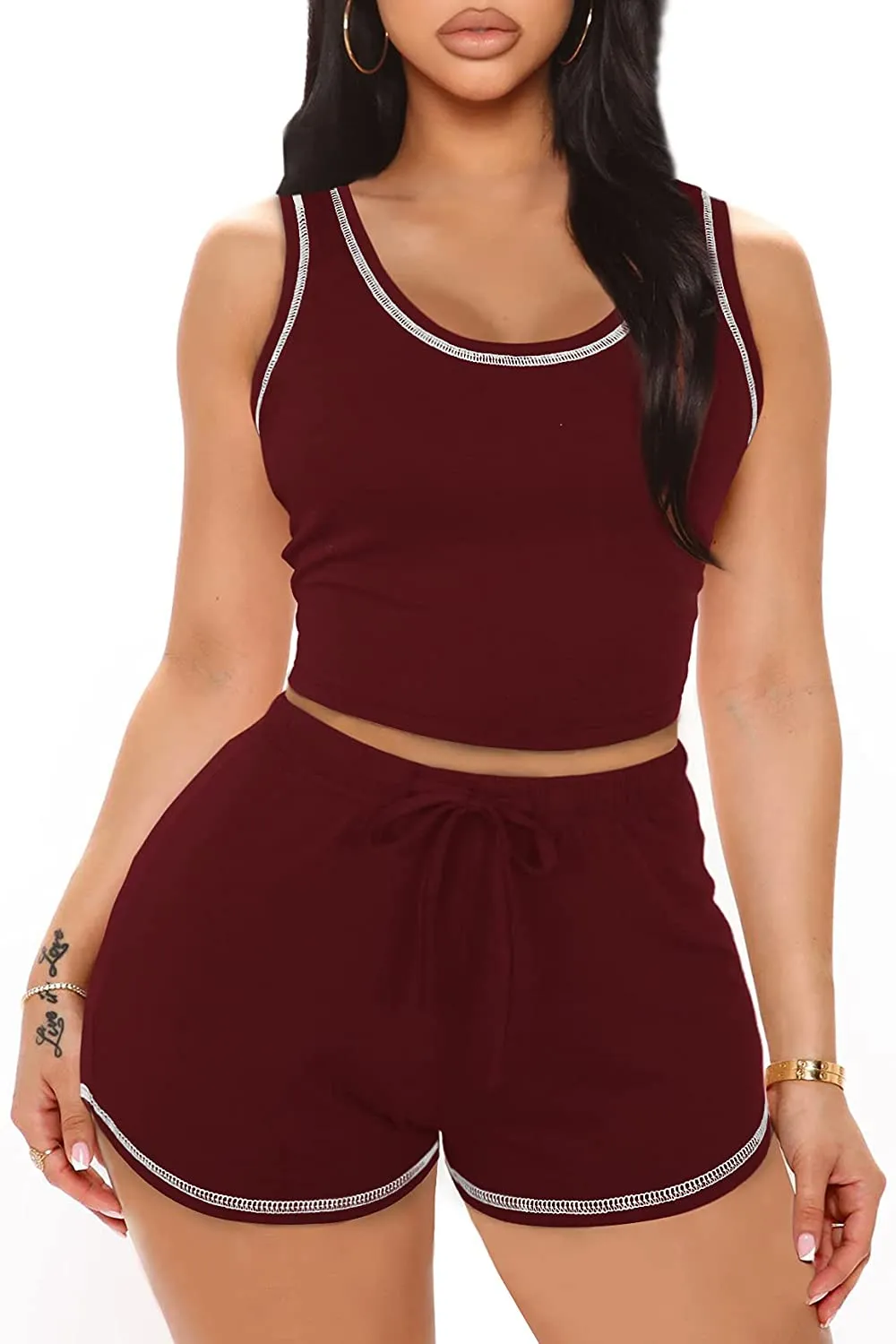 FAVALIVE Two Piece Outfits for Women Summer Bodycon Athletic Shorts Sets