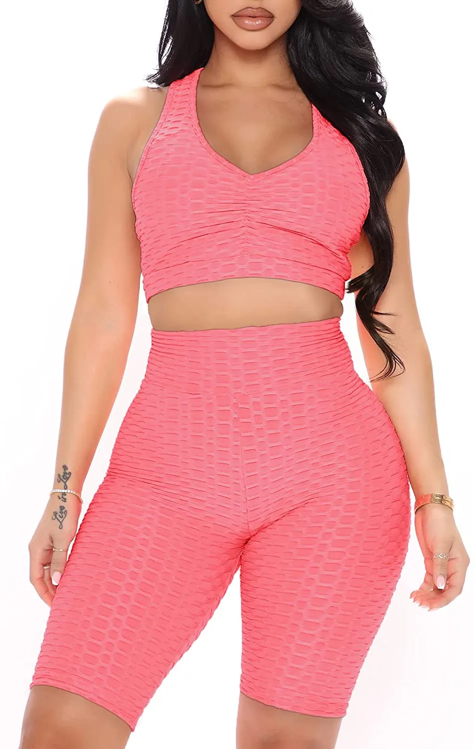 FAVALIVE Two Piece Outfits for Women Summer Bodycon Athletic Shorts Sets