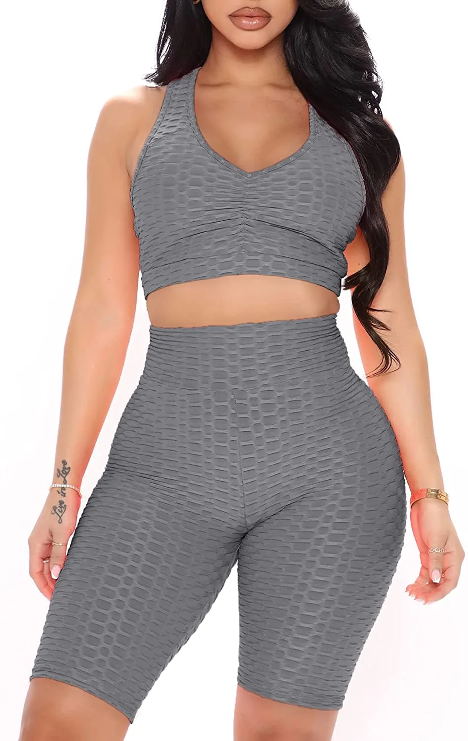 FAVALIVE Two Piece Outfits for Women Summer Bodycon Athletic Shorts Sets