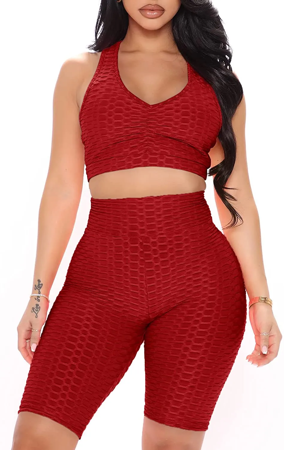 FAVALIVE Two Piece Outfits for Women Summer Bodycon Athletic Shorts Sets
