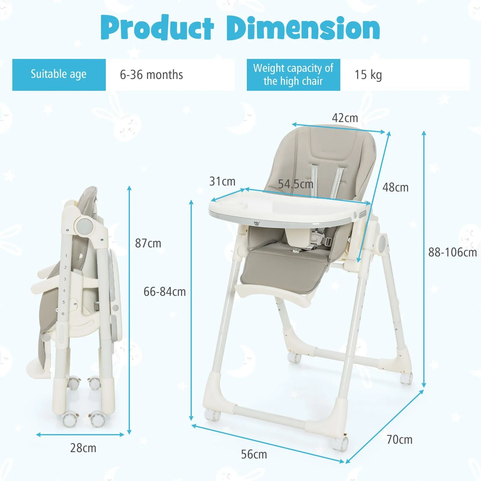 Folding | Reclining | Adjustable Baby High Chair | 5 Recline Positions |  Grey