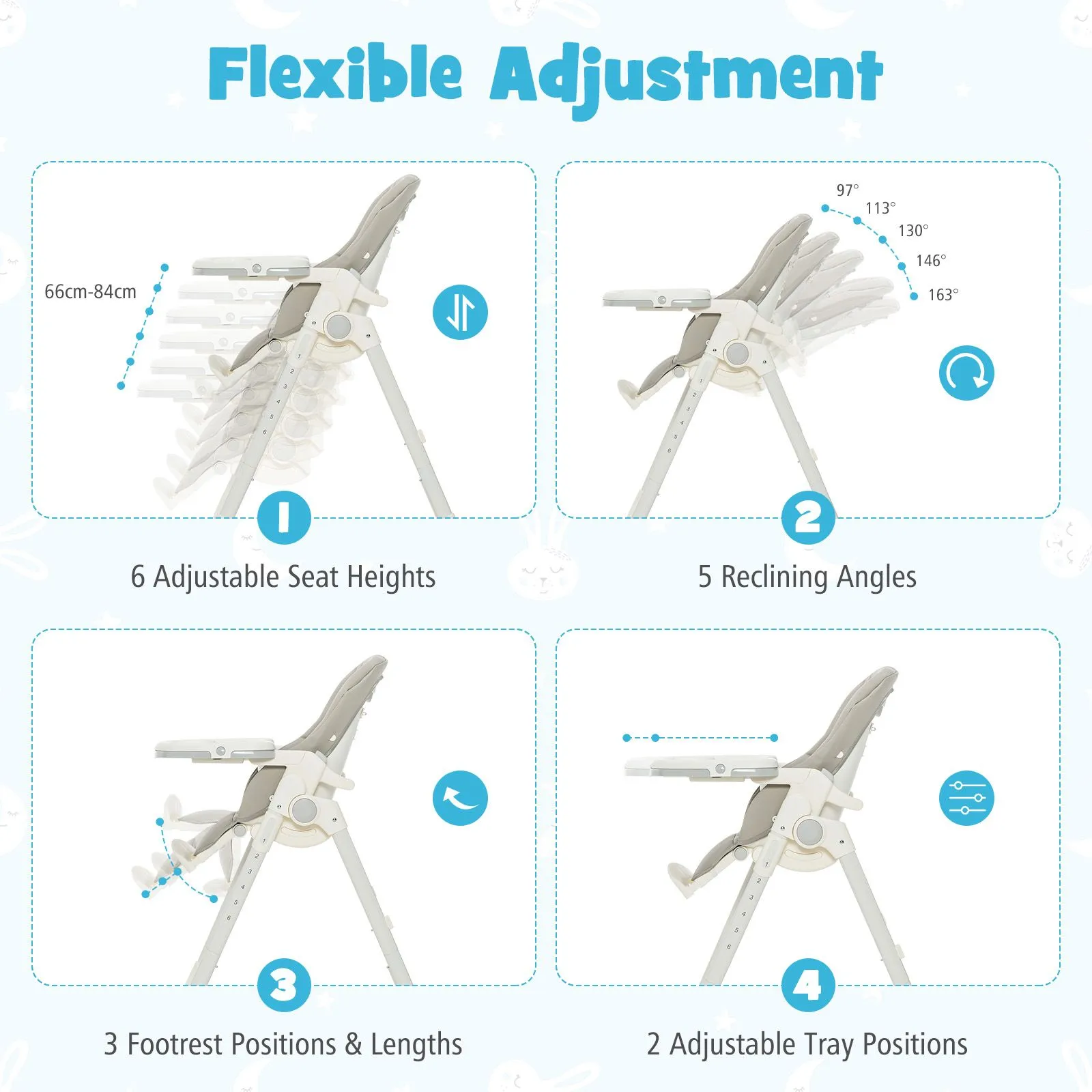 Folding | Reclining | Adjustable Baby High Chair | 5 Recline Positions |  Grey