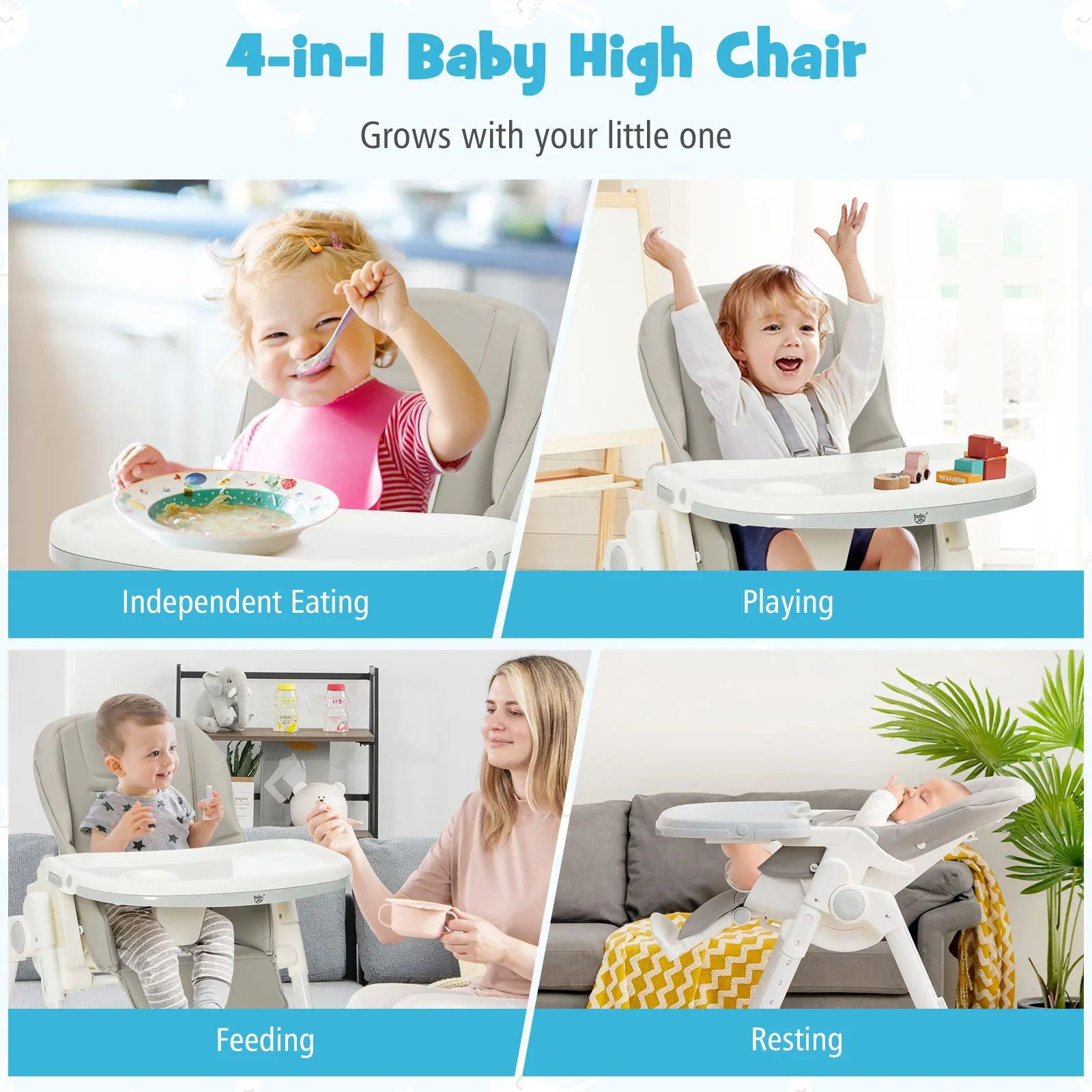 Folding | Reclining | Adjustable Baby High Chair | 5 Recline Positions |  Grey