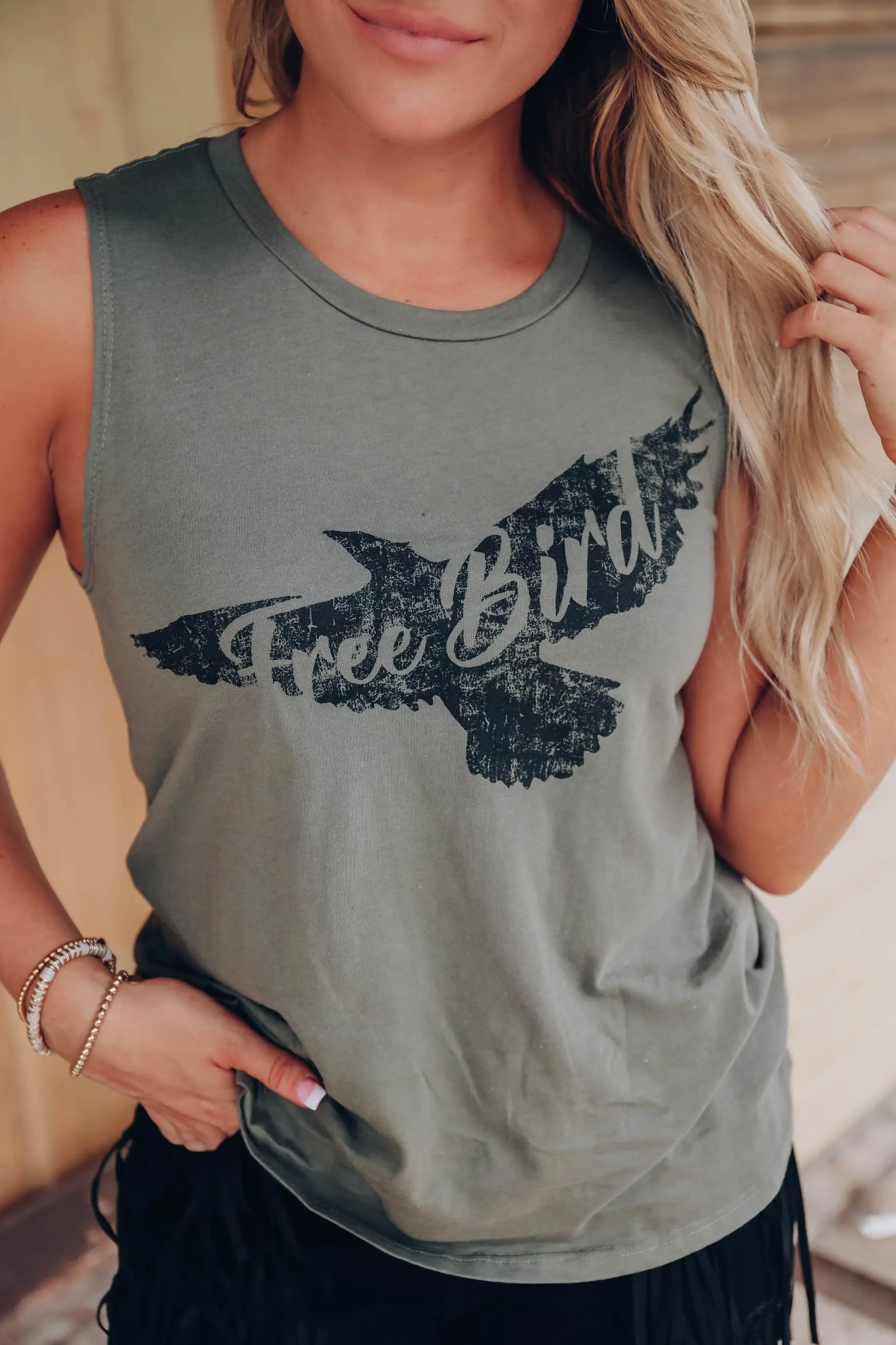 Free Bird Graphic Tank - Olive