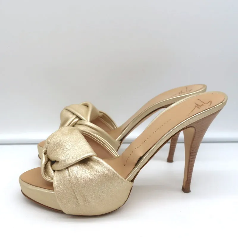 Giuseppe Zanotti Knotted Platform Mule Sandals Gold Metallic Leather Size 38.5
