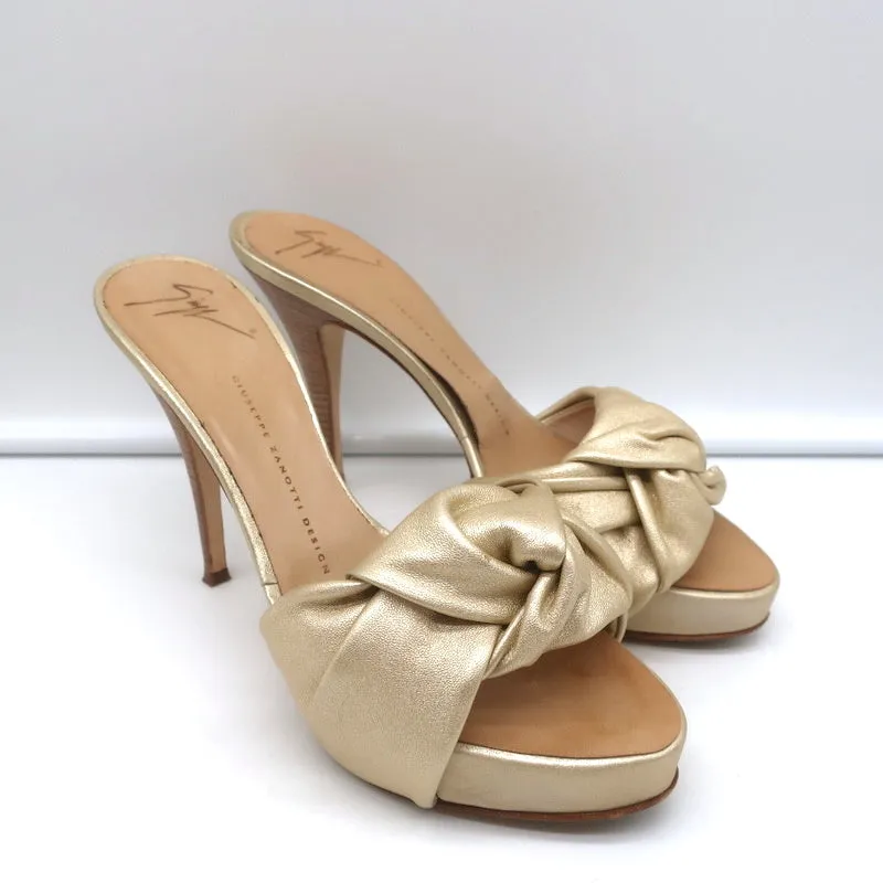 Giuseppe Zanotti Knotted Platform Mule Sandals Gold Metallic Leather Size 38.5