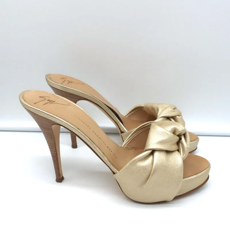 Giuseppe Zanotti Knotted Platform Mule Sandals Gold Metallic Leather Size 38.5