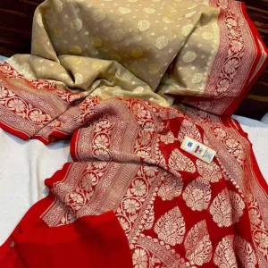 Gold Cream-Red Jaal Banarasi Meenakari Silk Resham Saree