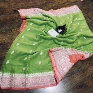 Green-Peach banarasi Jaal Chiffon Saree