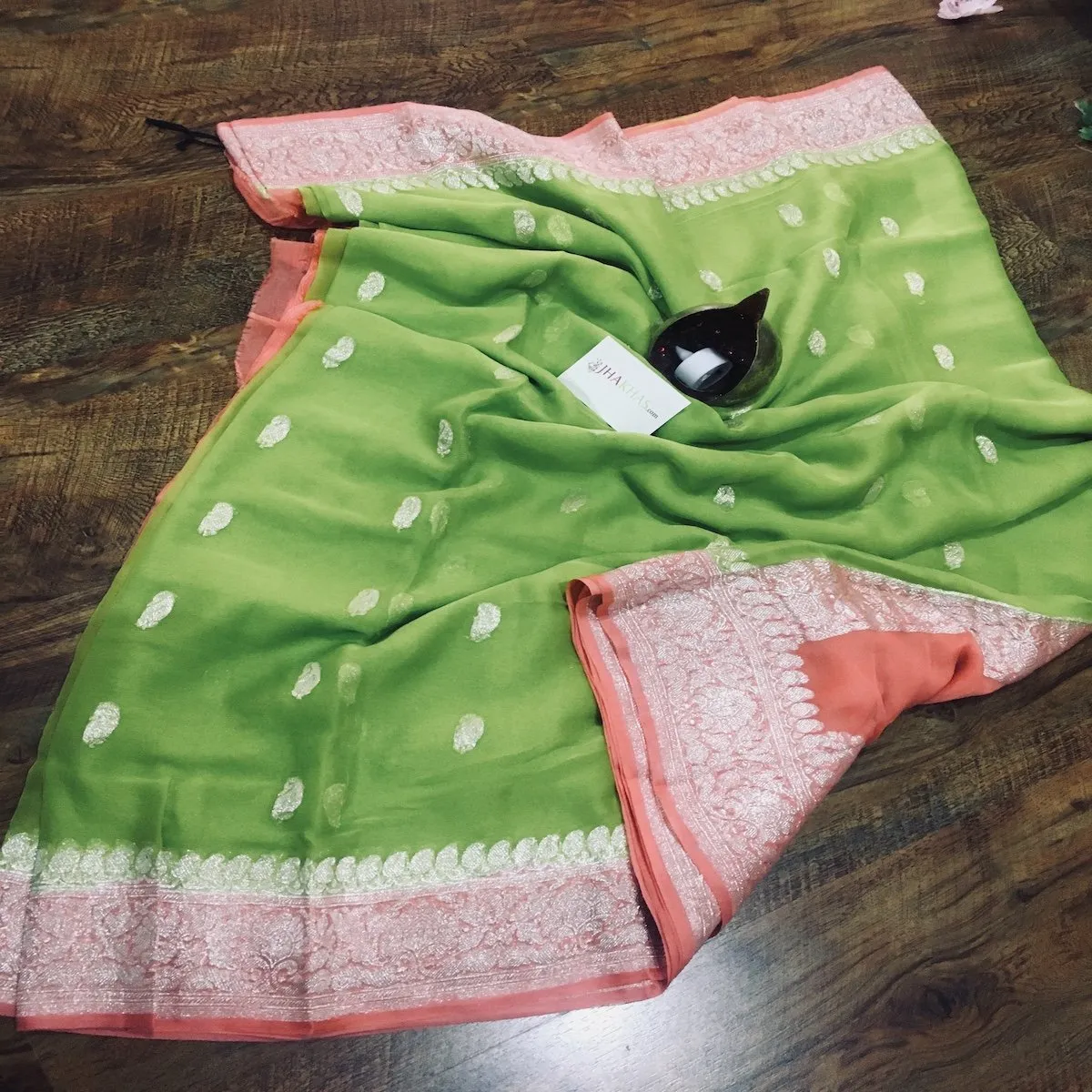 Green-Peach banarasi Jaal Chiffon Saree