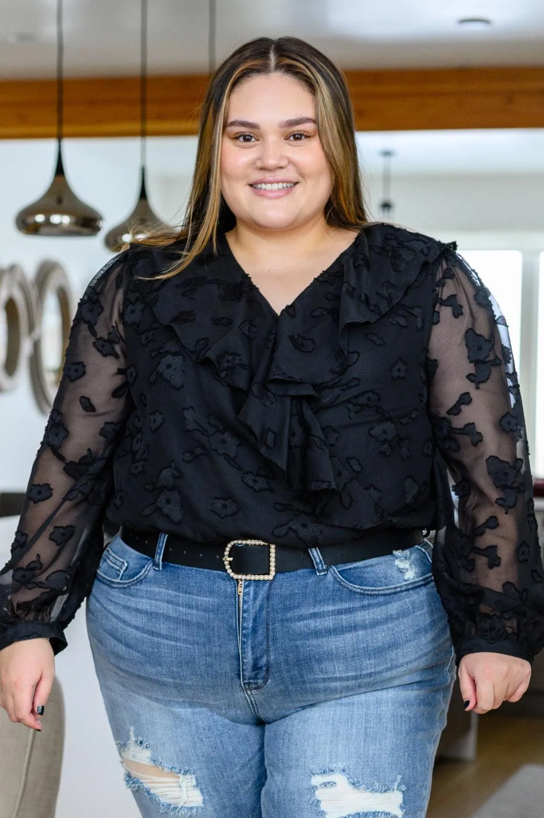Hazel Blues® | Think Of Me Ruffle Long Sleeve Bodysuit in Black