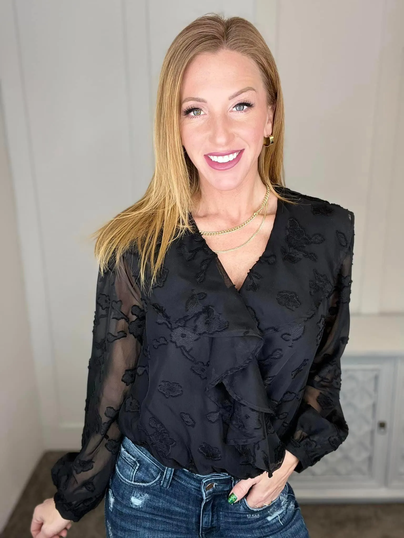 Hazel Blues® | Think Of Me Ruffle Long Sleeve Bodysuit in Black