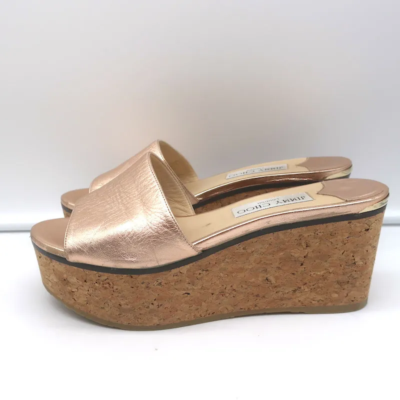 Jimmy Choo DeeDee Cork Platform Wedge Sandals Rose Gold Metallic Leather Size 38