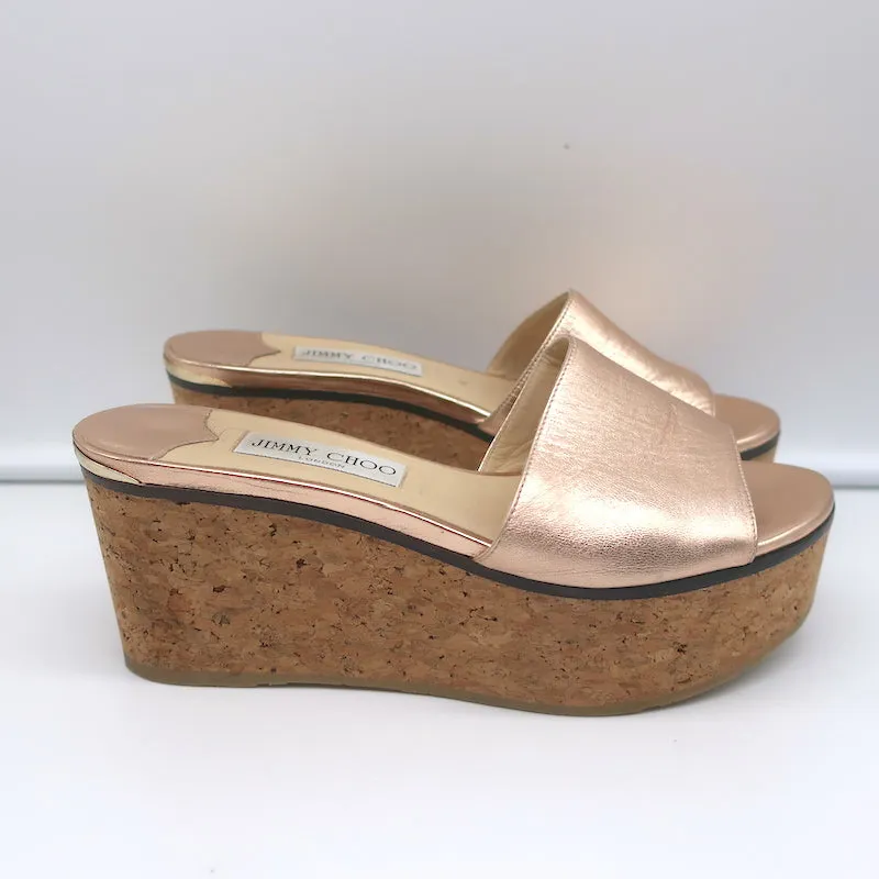 Jimmy Choo DeeDee Cork Platform Wedge Sandals Rose Gold Metallic Leather Size 38