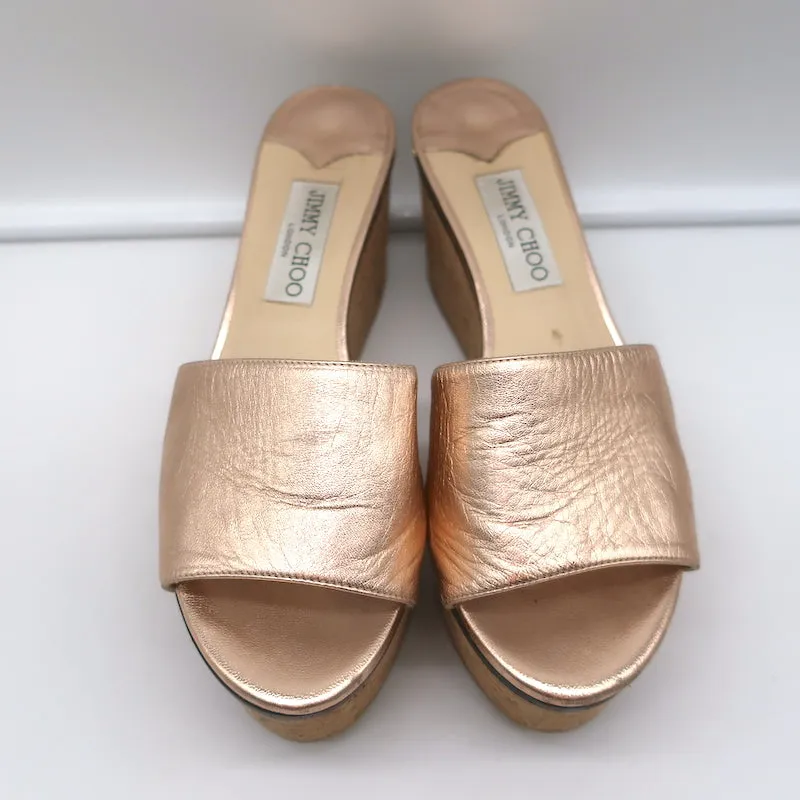 Jimmy Choo DeeDee Cork Platform Wedge Sandals Rose Gold Metallic Leather Size 38