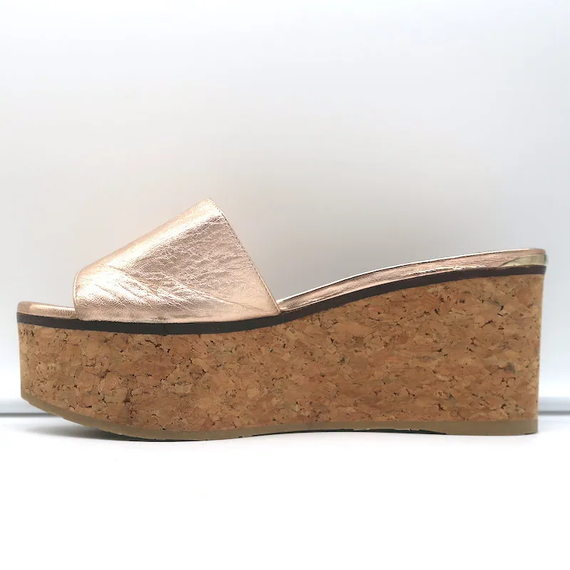Jimmy Choo DeeDee Cork Platform Wedge Sandals Rose Gold Metallic Leather Size 38