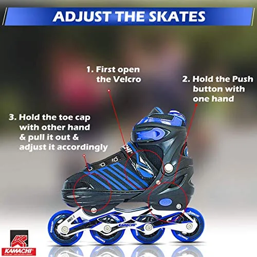 Kamachi K-1006 Adjustable Aluminium Body Inline Skates (Blue, Large)