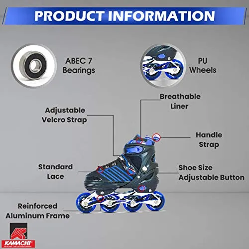 Kamachi K-1006 Adjustable Aluminium Body Inline Skates (Blue, Large)