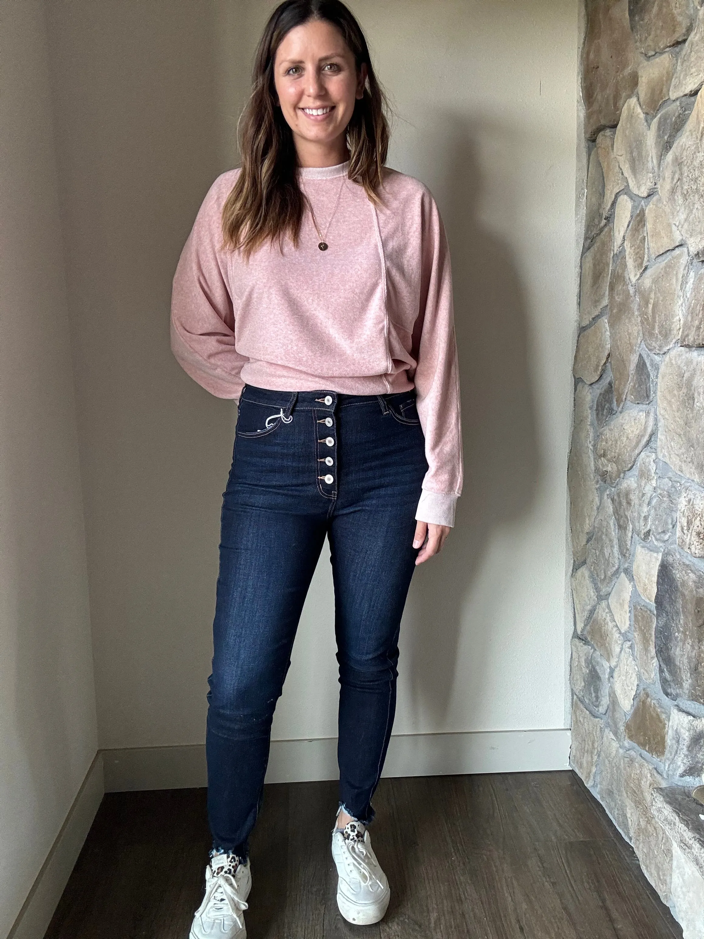 kancan dark wash button fly skinny with frayed hem
