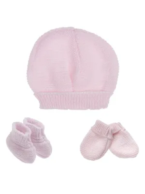 Knitted Hat, Mittens & Booties Set - Pink