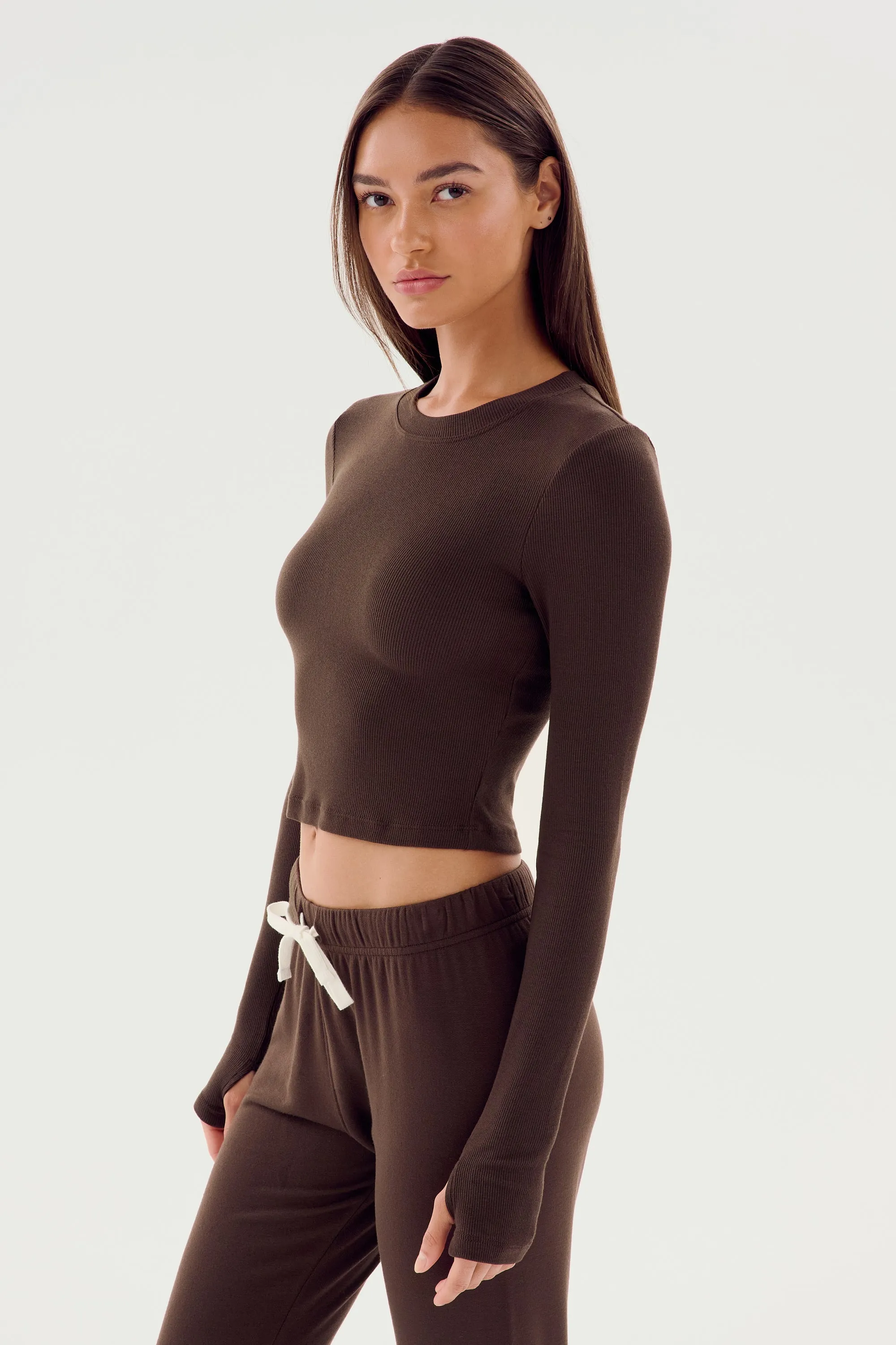 Louise Rib Long Sleeve Crop - Dark Chocolate