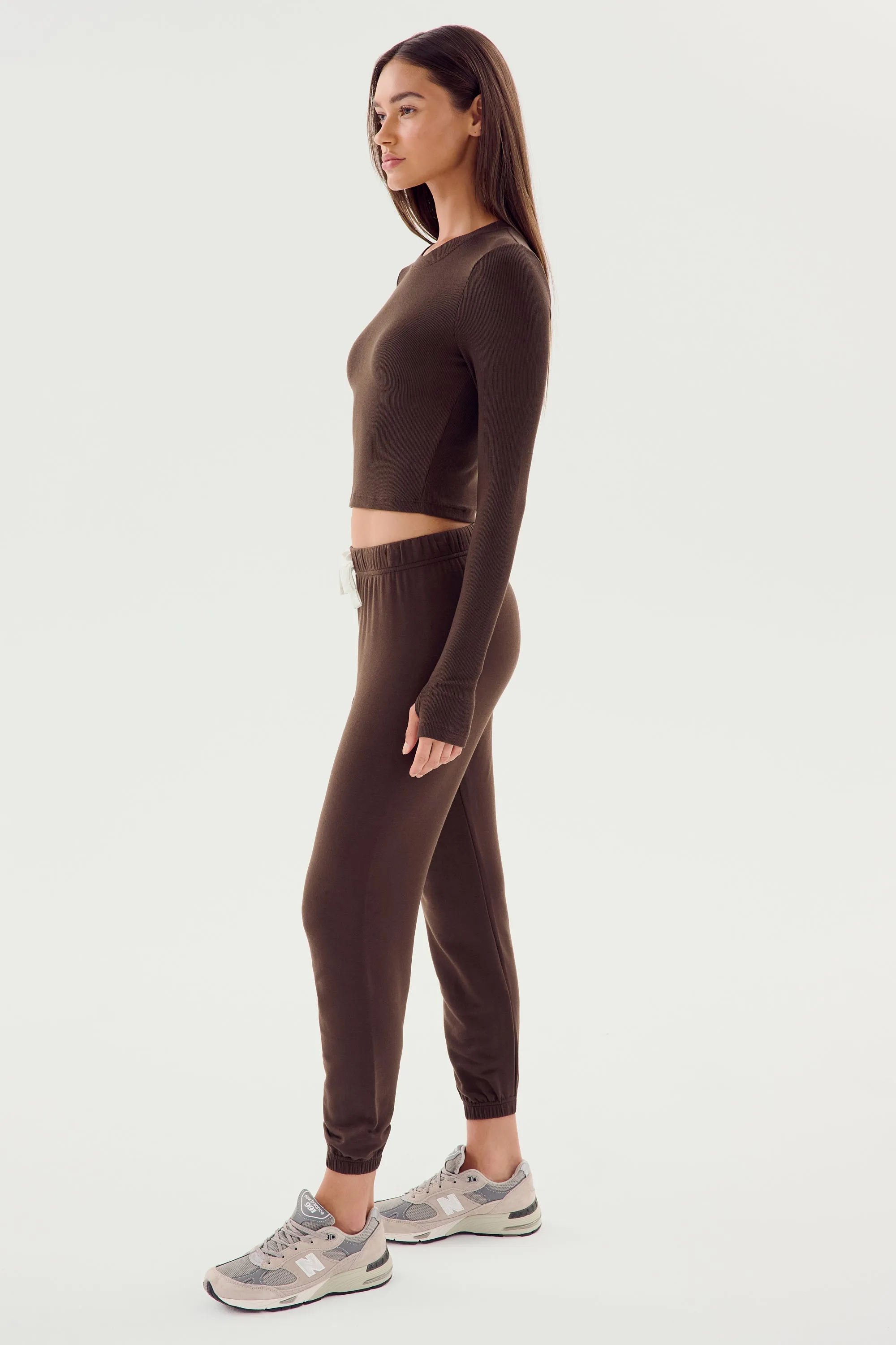 Louise Rib Long Sleeve Crop - Dark Chocolate