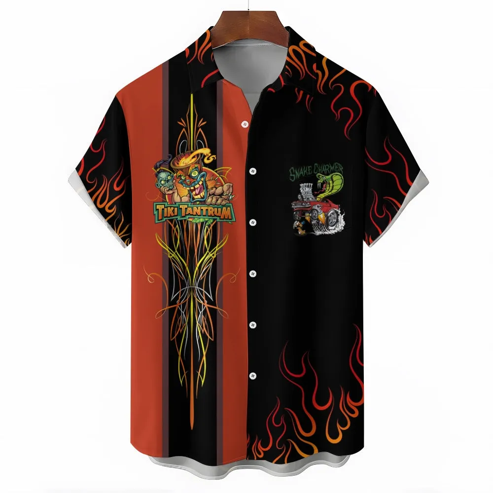 Men's Modified Car Flame Print Large Short Sleeve Shirt