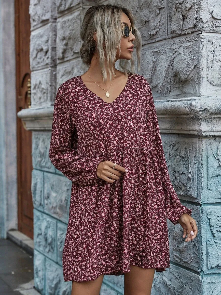 New Shein Ditsy Floral Peasant Sleeve Smock Dress, Sz M