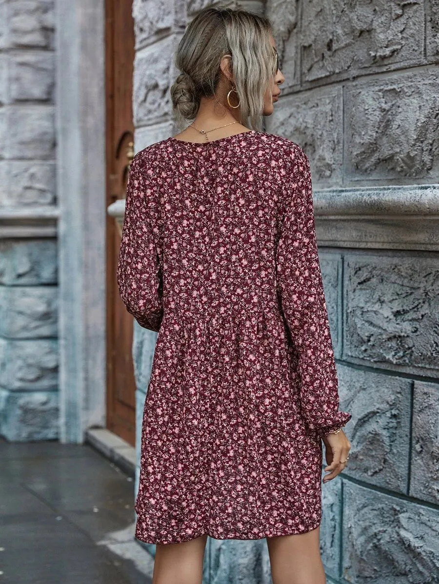 New Shein Ditsy Floral Peasant Sleeve Smock Dress, Sz M