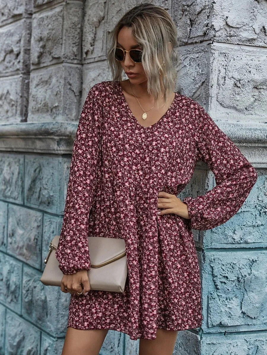 New Shein Ditsy Floral Peasant Sleeve Smock Dress, Sz M