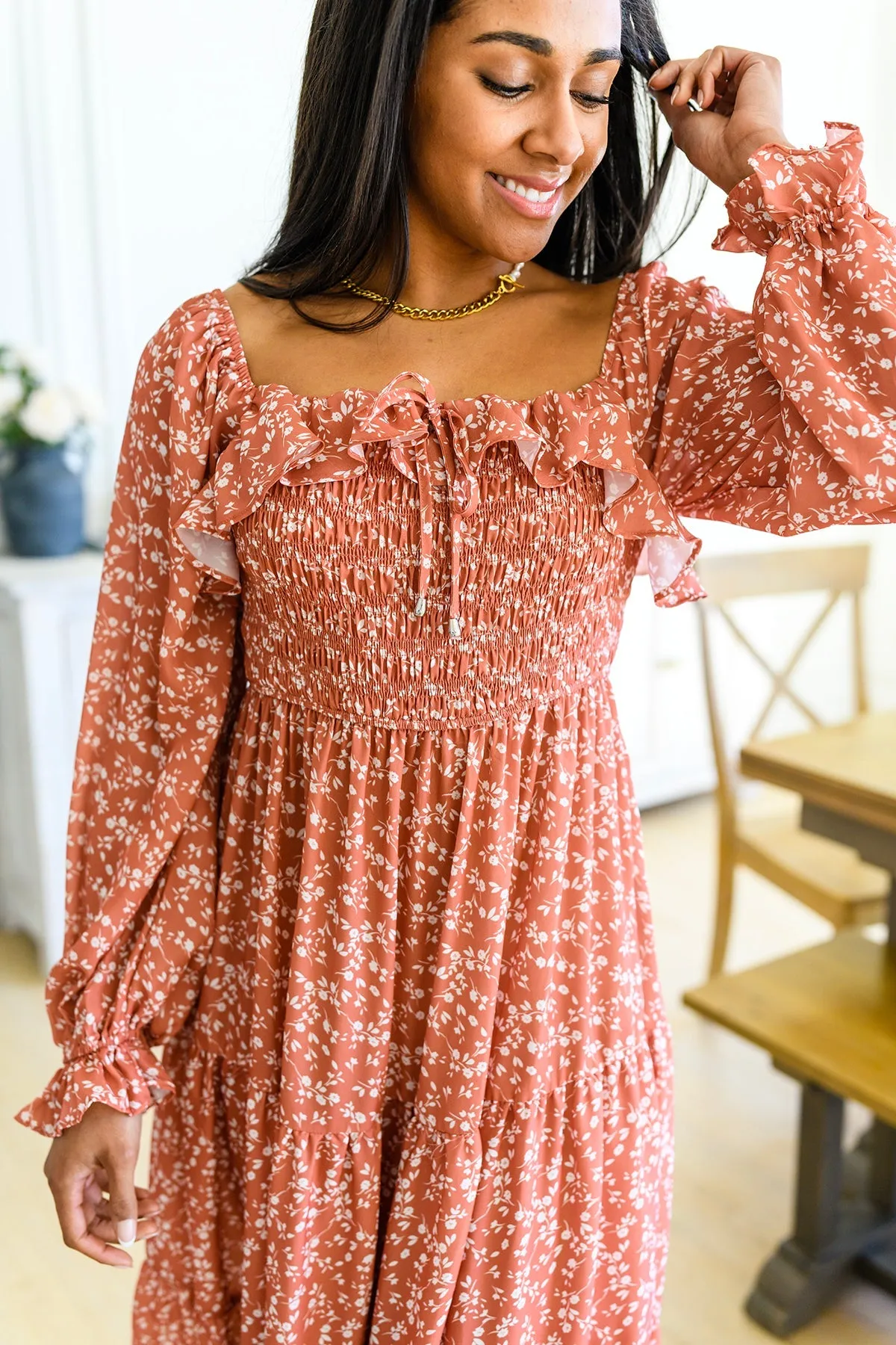 Now is Your Chance Floral Midi Dress in Rust