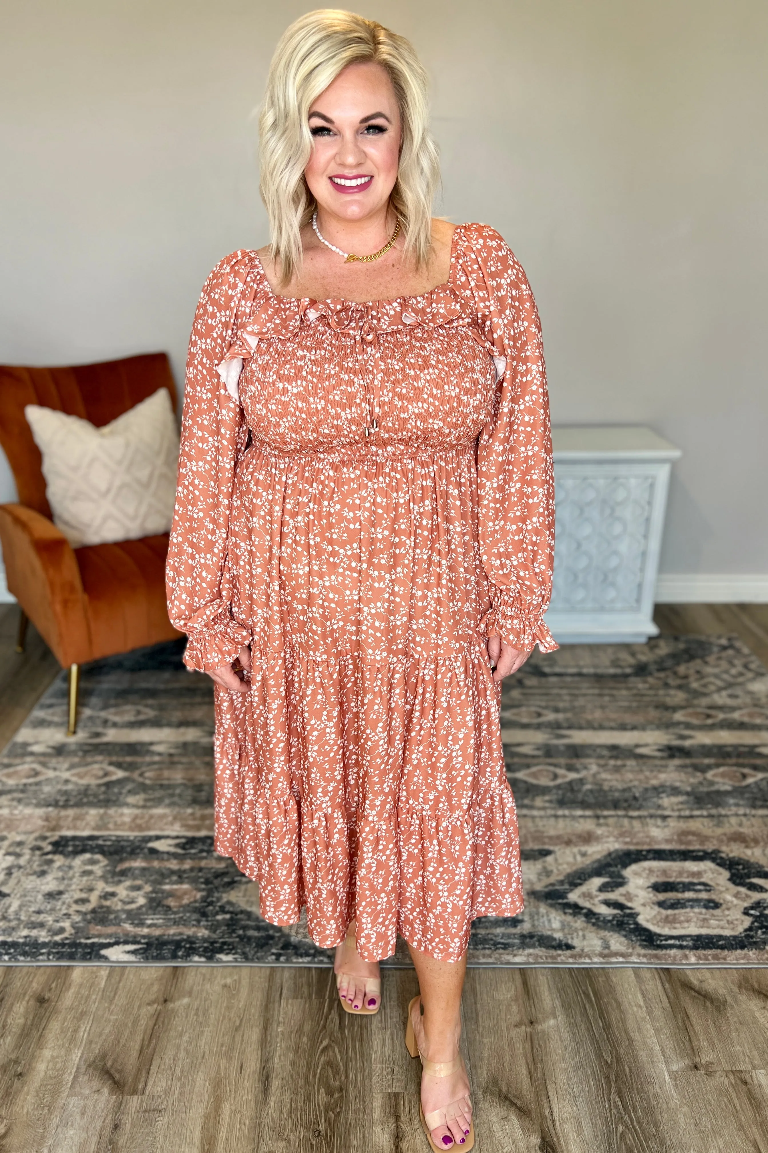 Now is Your Chance Floral Midi Dress in Rust