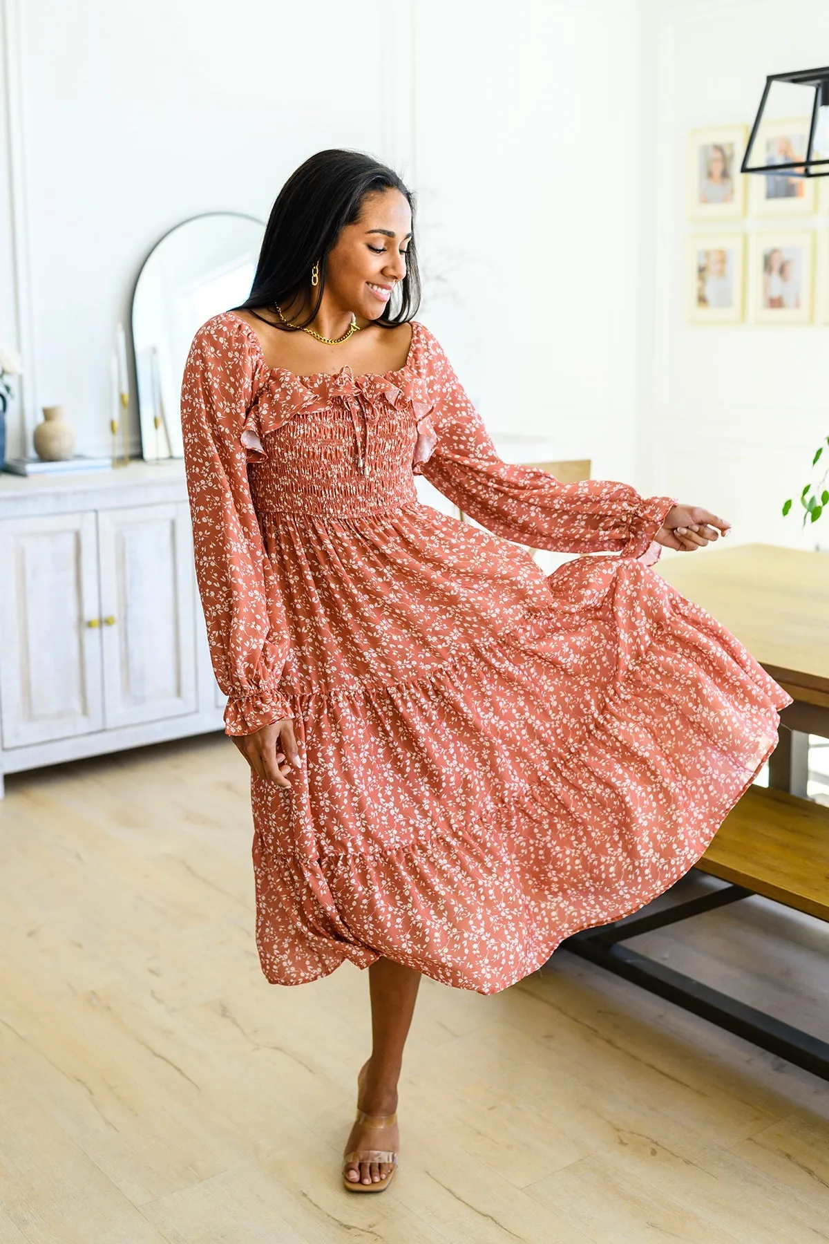 Now is Your Chance Floral Midi Dress in Rust