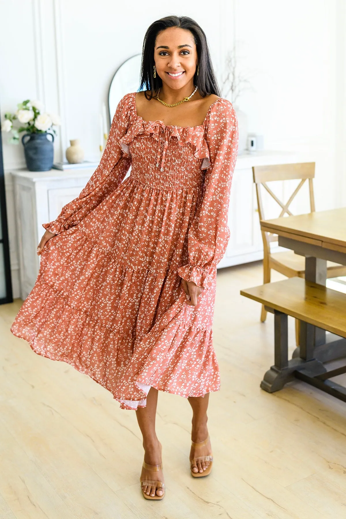 Now is Your Chance Floral Midi Dress in Rust