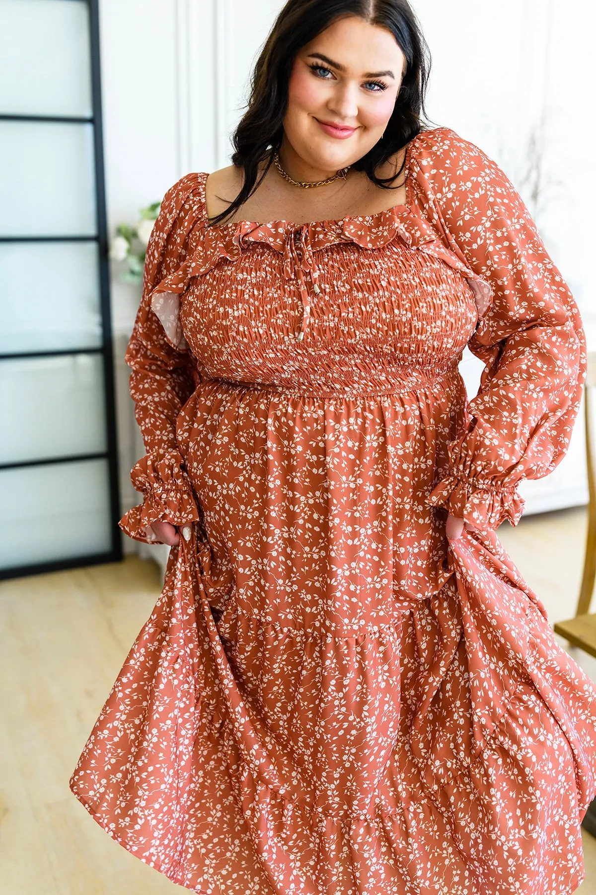 Now is Your Chance Floral Midi Dress in Rust