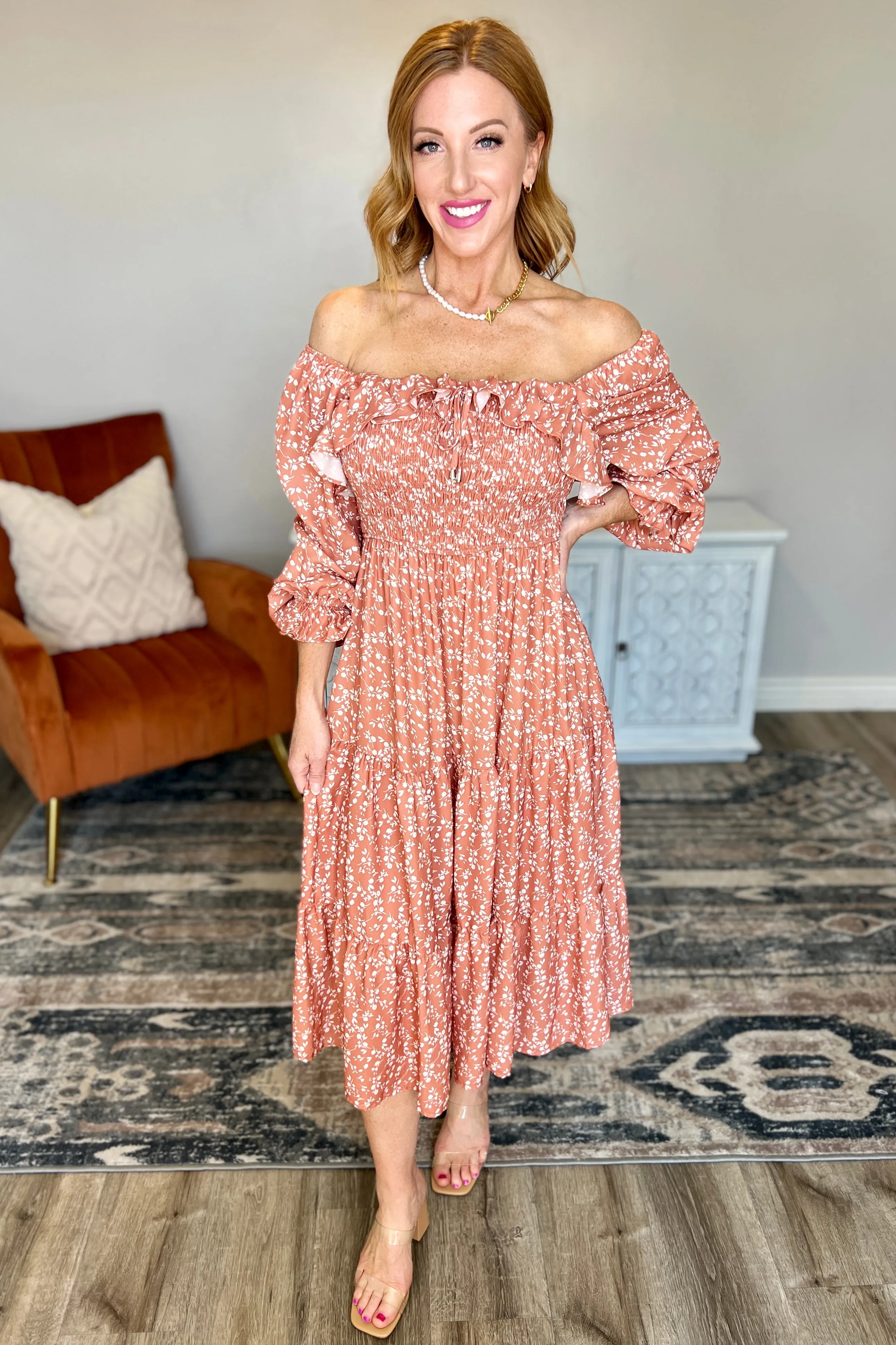 Now is Your Chance Floral Midi Dress in Rust