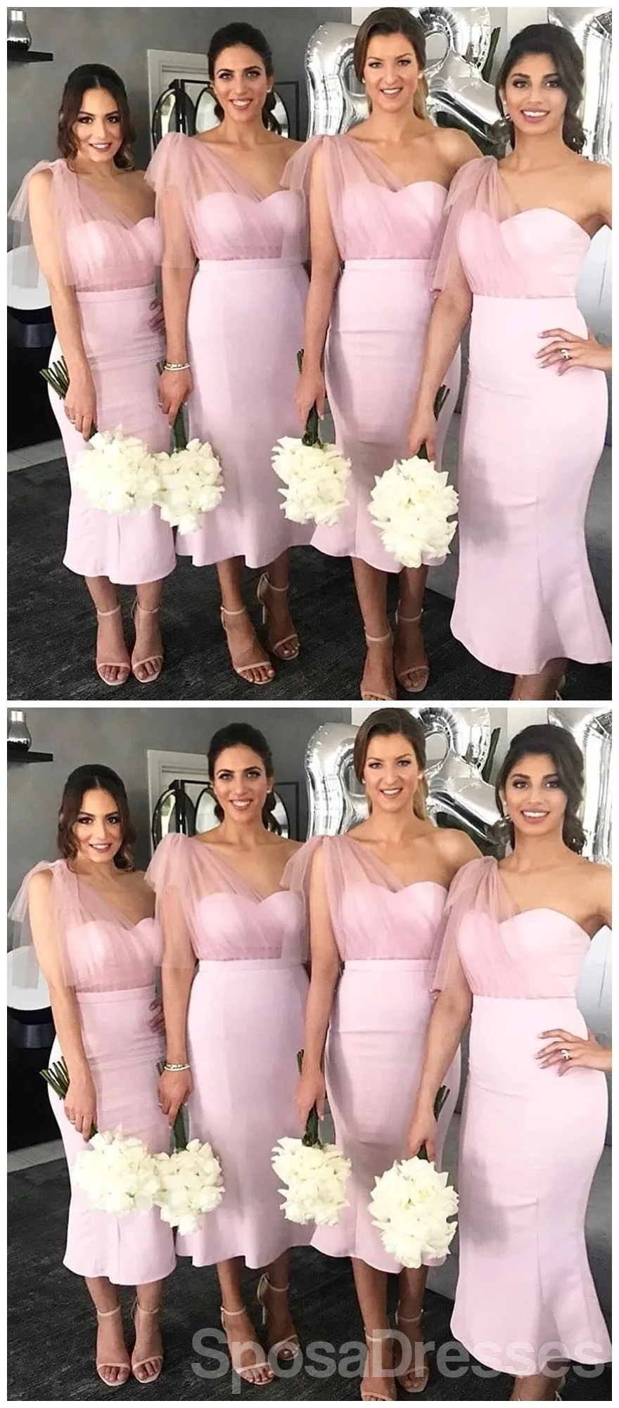 One Shoulder Pink Mermaid Short Cheap Bridesmaid Dresses Online, WG654