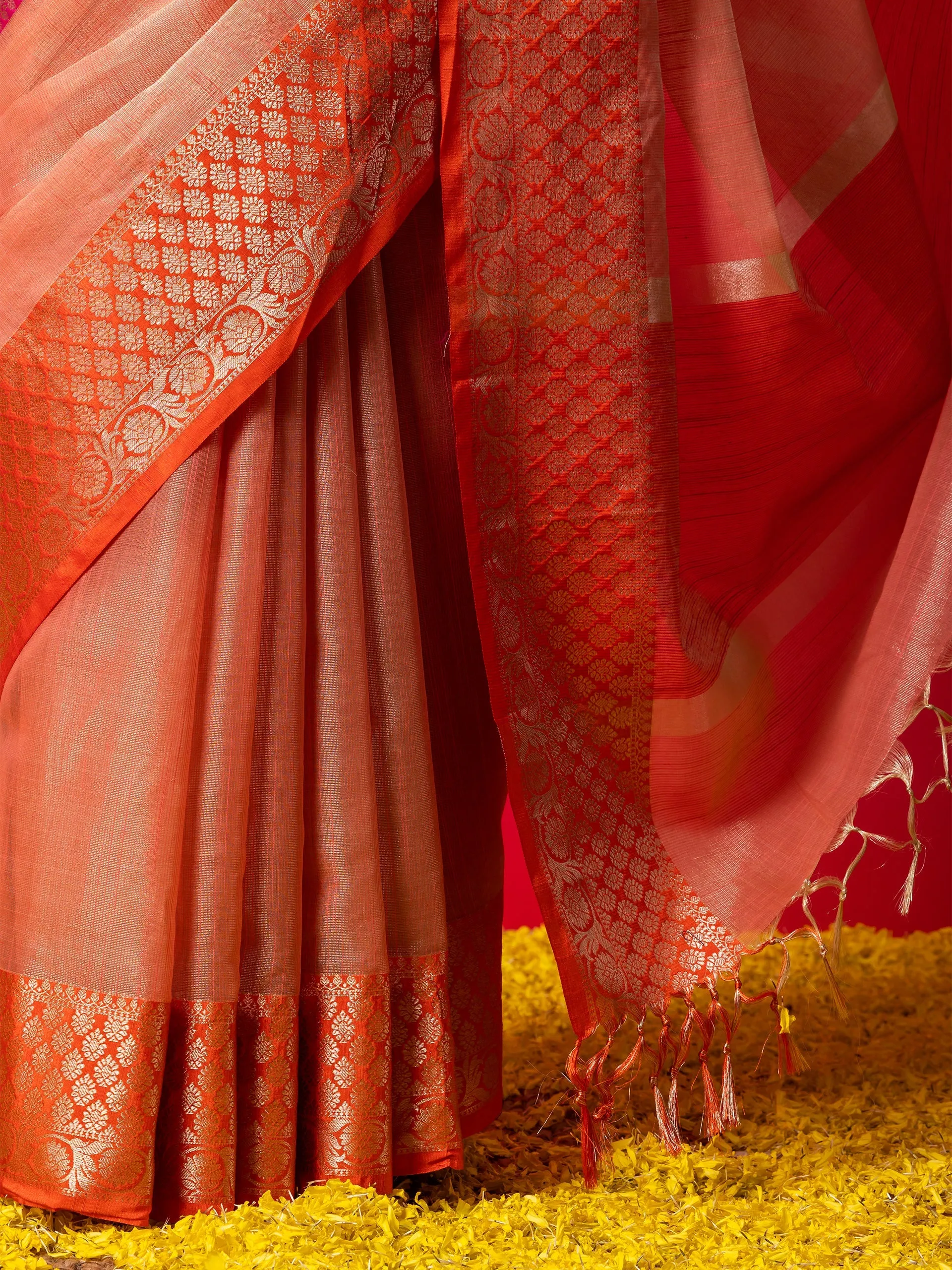 Peach Ganga Yamuna Muga Tissue Saree with Blouse Fabric