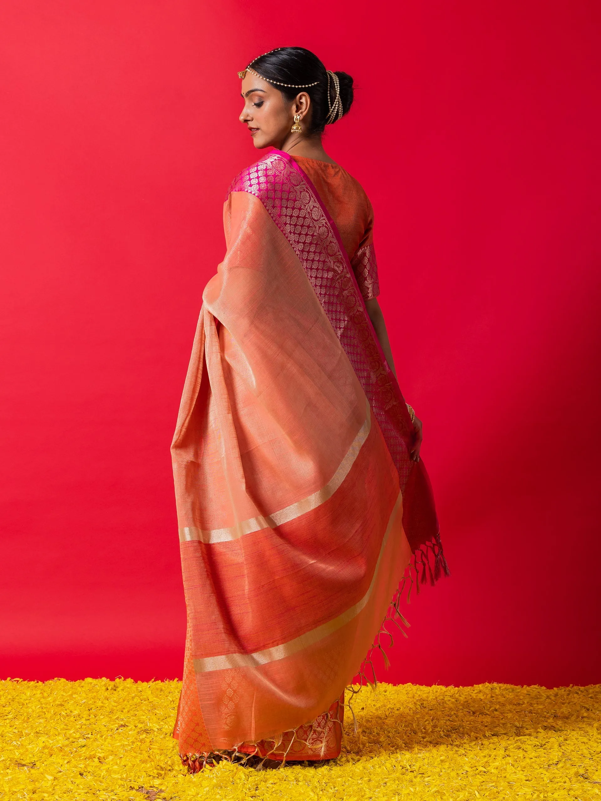 Peach Ganga Yamuna Muga Tissue Saree with Blouse Fabric