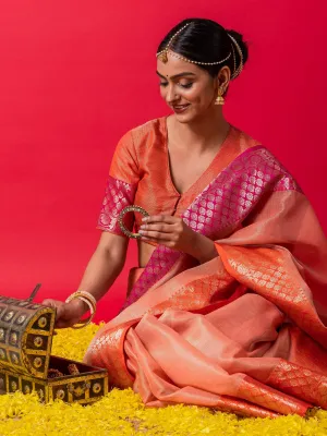 Peach Ganga Yamuna Muga Tissue Saree with Blouse Fabric