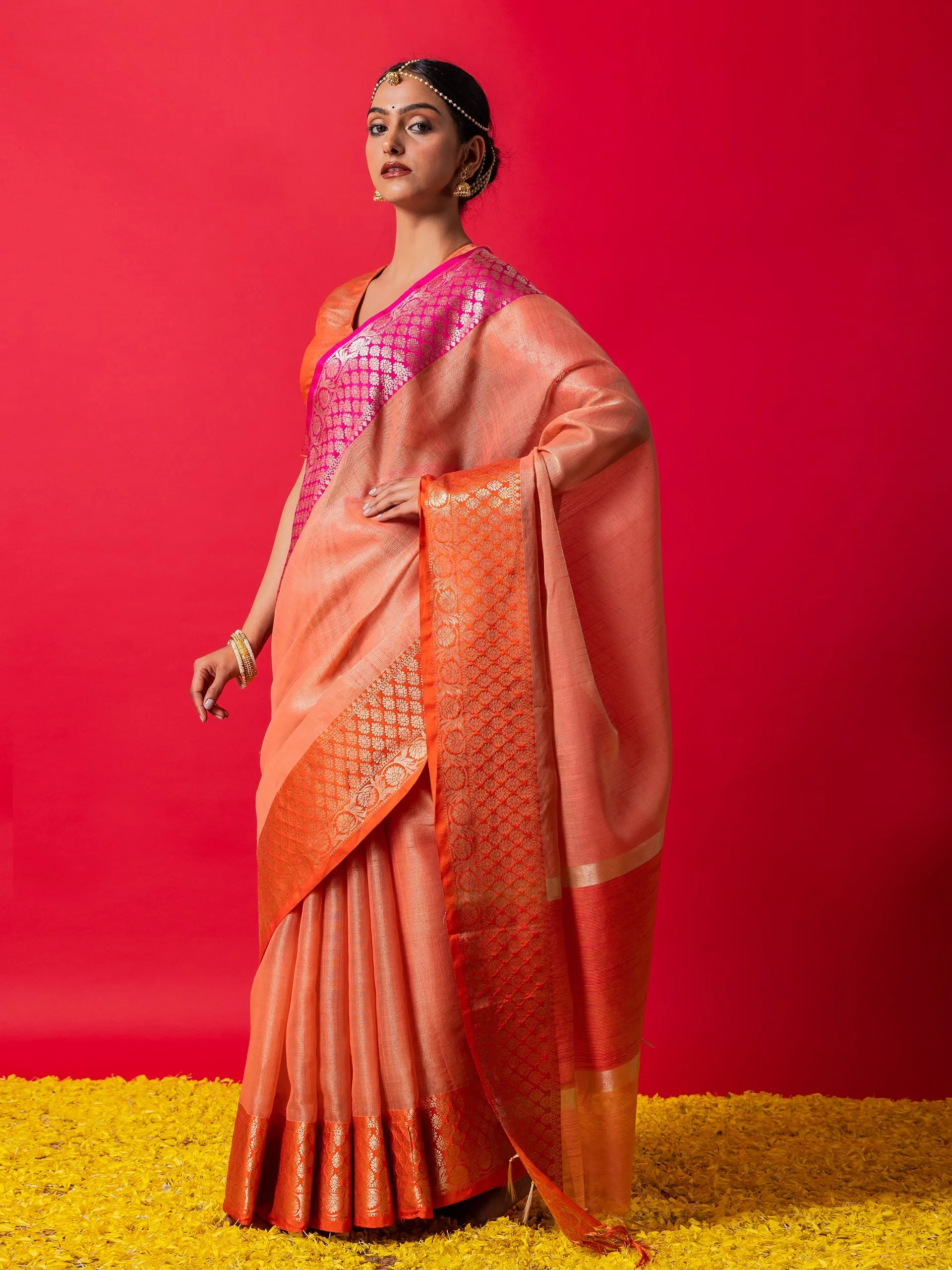 Peach Ganga Yamuna Muga Tissue Saree with Blouse Fabric