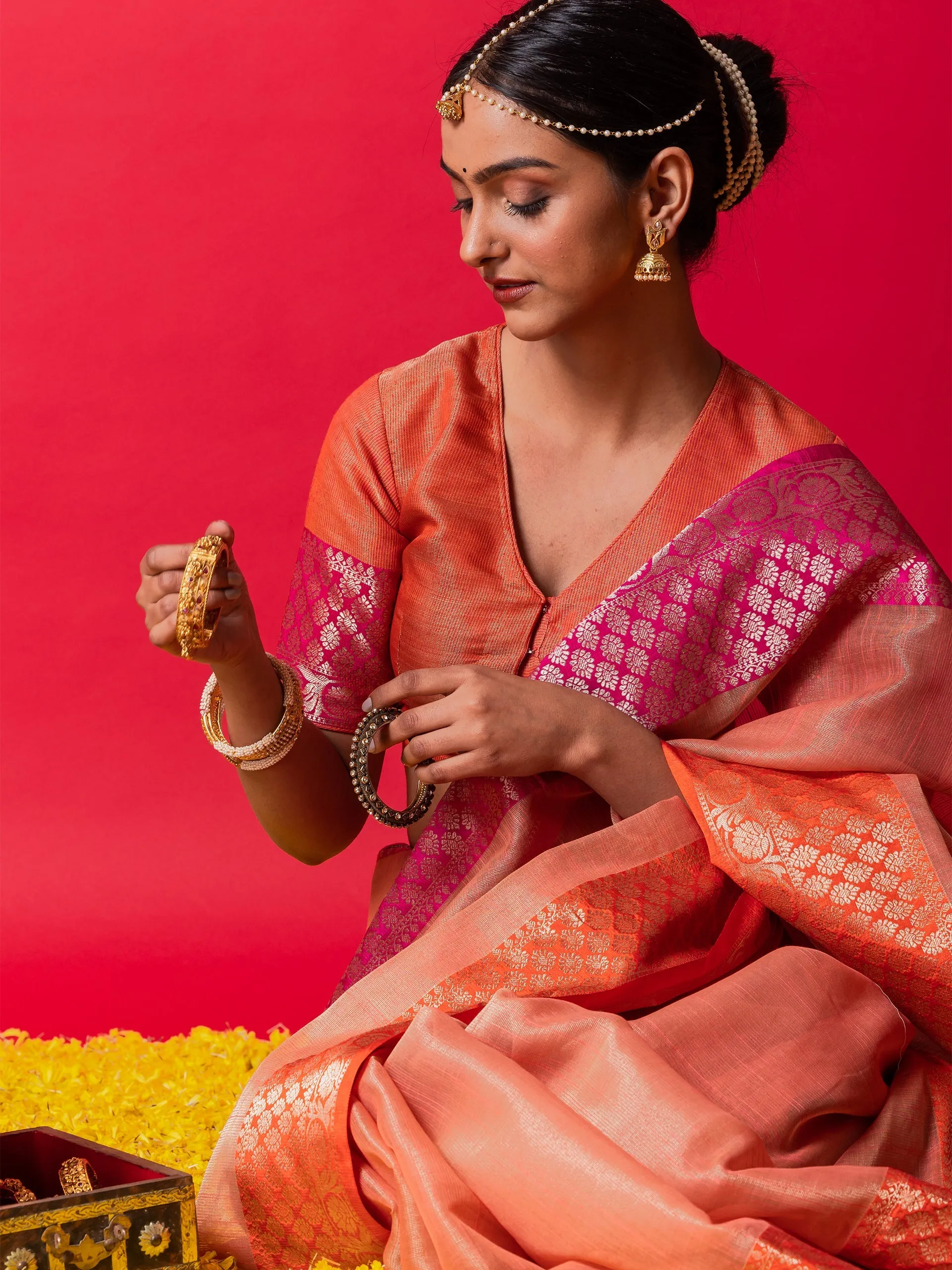 Peach Ganga Yamuna Muga Tissue Saree with Blouse Fabric