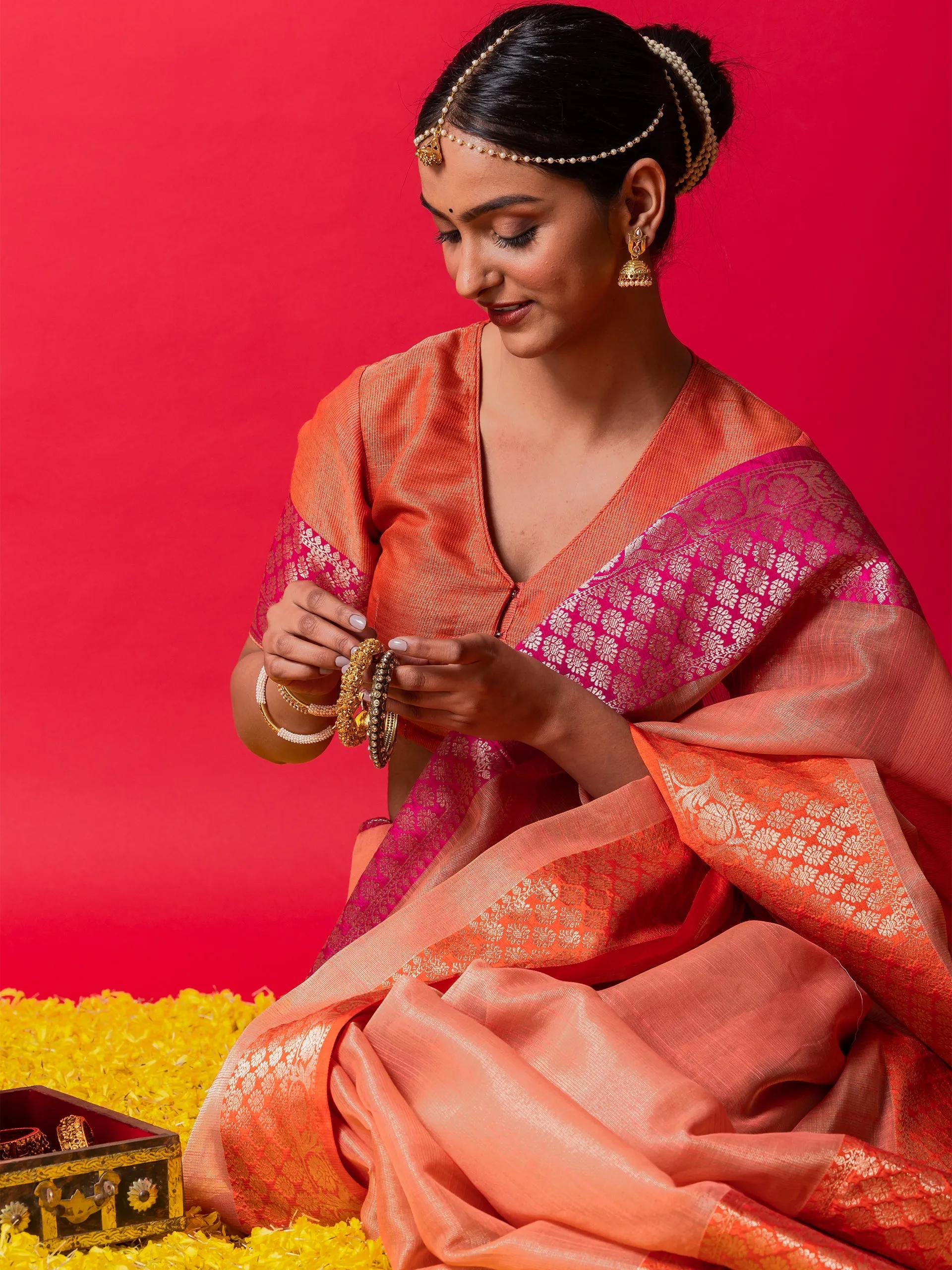 Peach Ganga Yamuna Muga Tissue Saree with Blouse Fabric