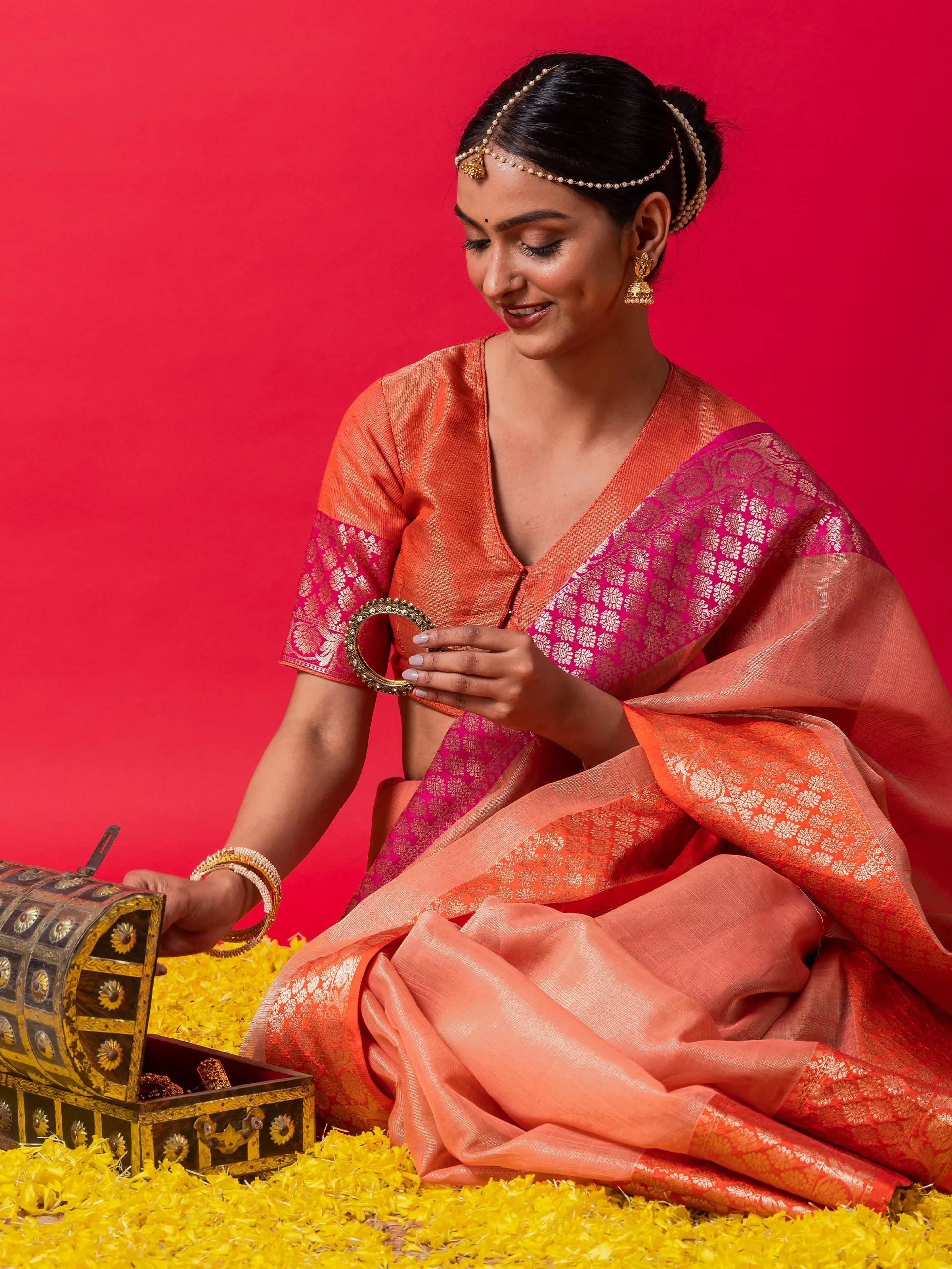 Peach Ganga Yamuna Muga Tissue Saree with Blouse Fabric