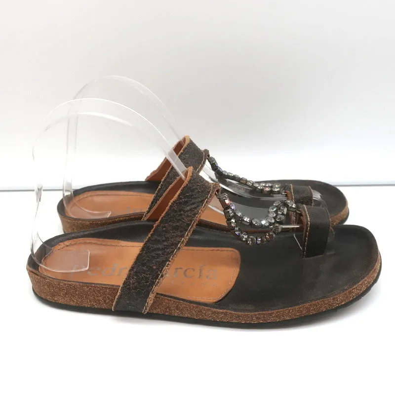 Pedro Garcia Crystal T-Strap Sandals Dark Brown Leather Size 37 Toe Ring Slides