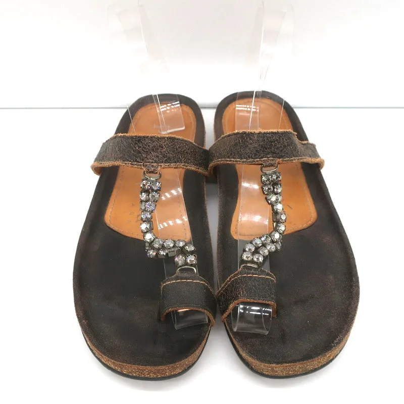 Pedro Garcia Crystal T-Strap Sandals Dark Brown Leather Size 37 Toe Ring Slides