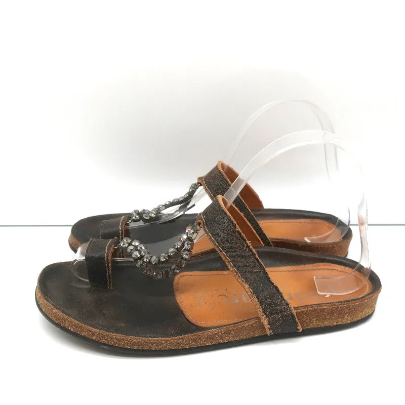 Pedro Garcia Crystal T-Strap Sandals Dark Brown Leather Size 37 Toe Ring Slides