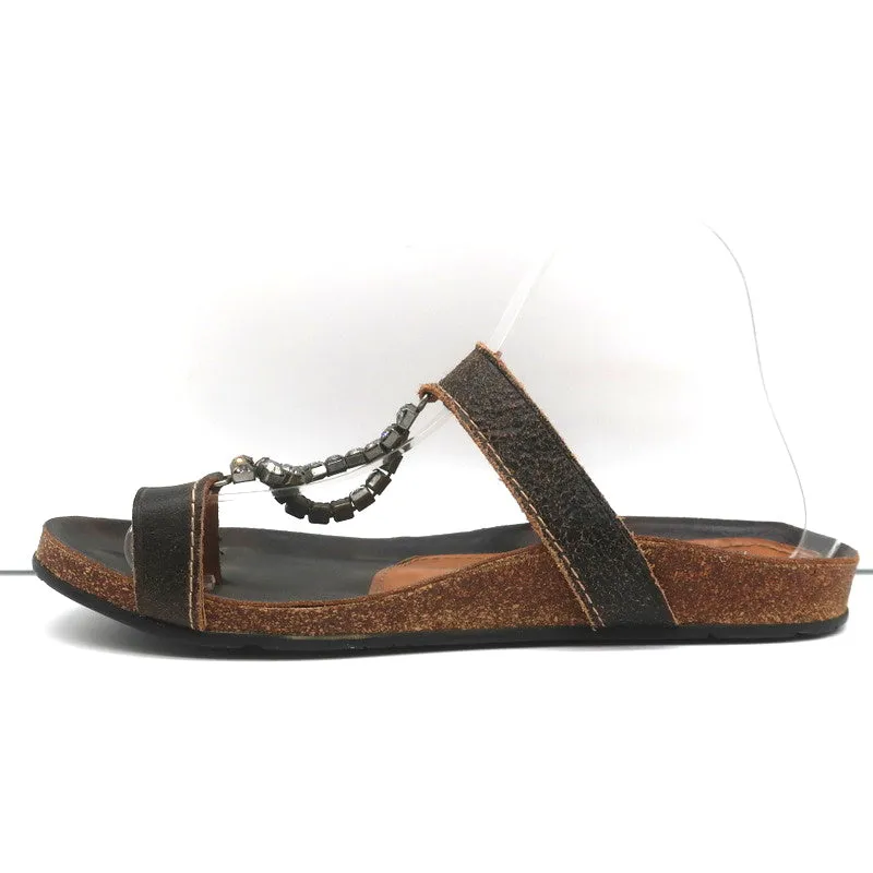 Pedro Garcia Crystal T-Strap Sandals Dark Brown Leather Size 37 Toe Ring Slides