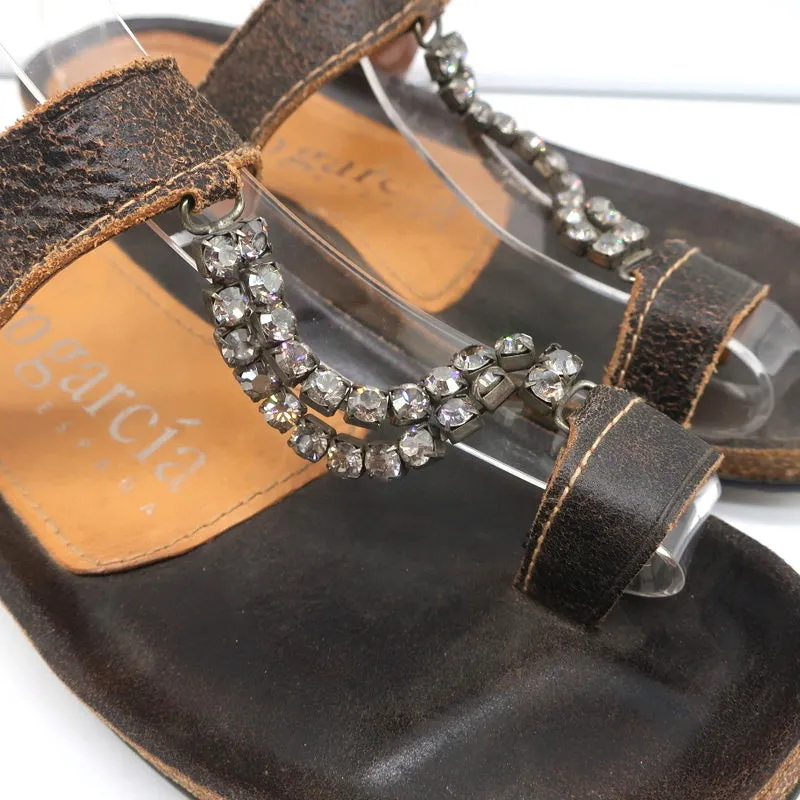 Pedro Garcia Crystal T-Strap Sandals Dark Brown Leather Size 37 Toe Ring Slides