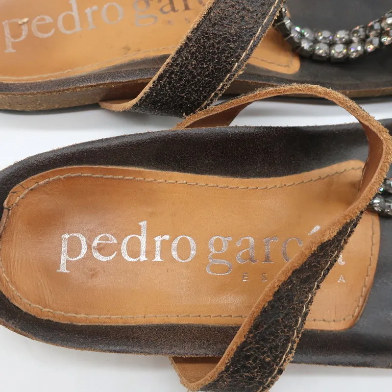 Pedro Garcia Crystal T-Strap Sandals Dark Brown Leather Size 37 Toe Ring Slides